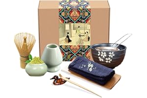 Artcome Traditional Japanese Matcha Tea Set, Matcha Whisk, Traditional Scoop, Matcha Bowl & Caddy, Ceramic Whisk Holder, Handmade Matcha Ceremony Kit (9Pcs)