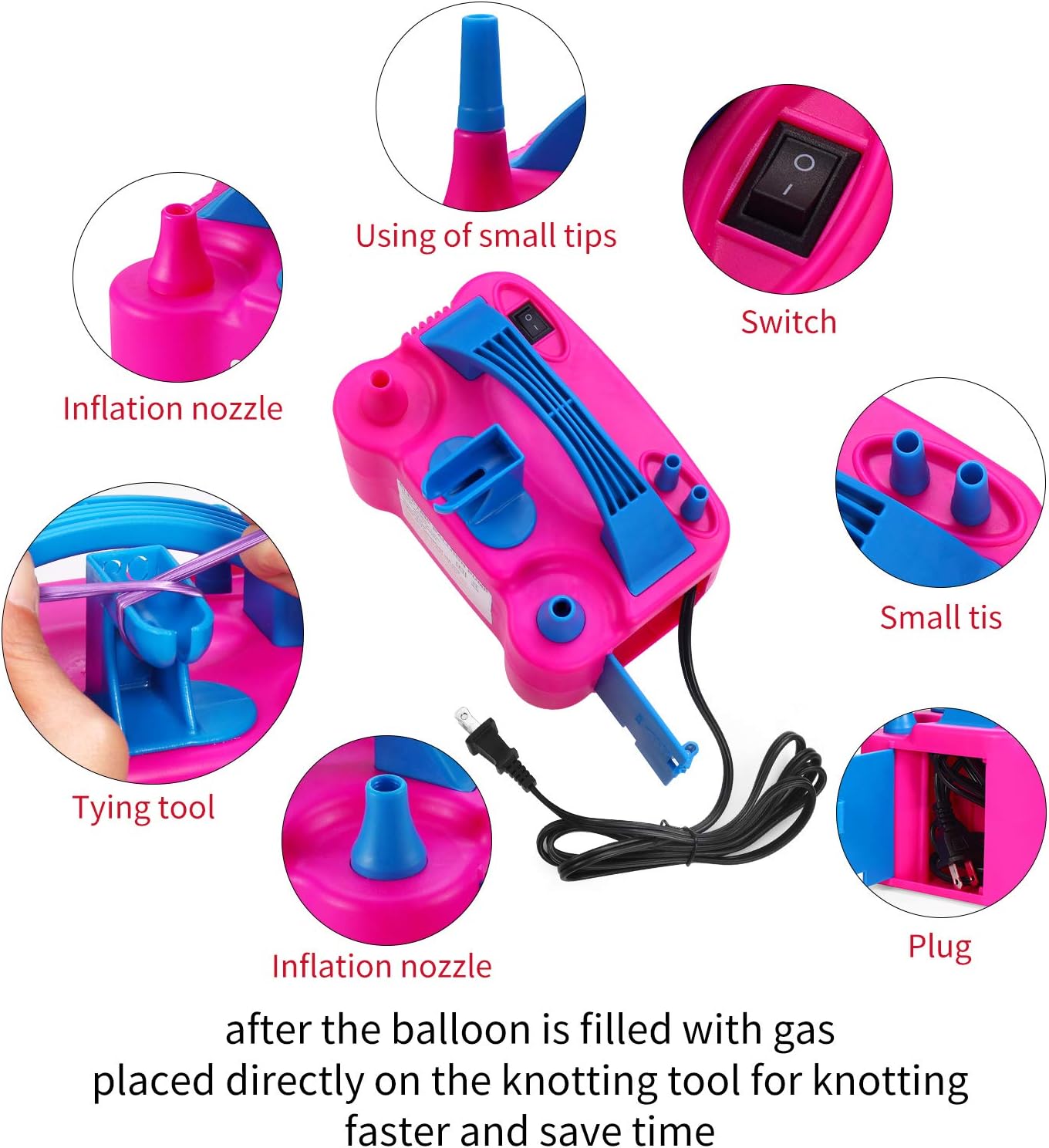 Electric Air Balloon Pump and Balloon Tying Tool In One, Portable Dual Nozzle Electric Balloon Blower Air Pump Balloons Inflator with Tying Tool on Pump for Decoration, Party,Faster and Save Time: Toys & Games