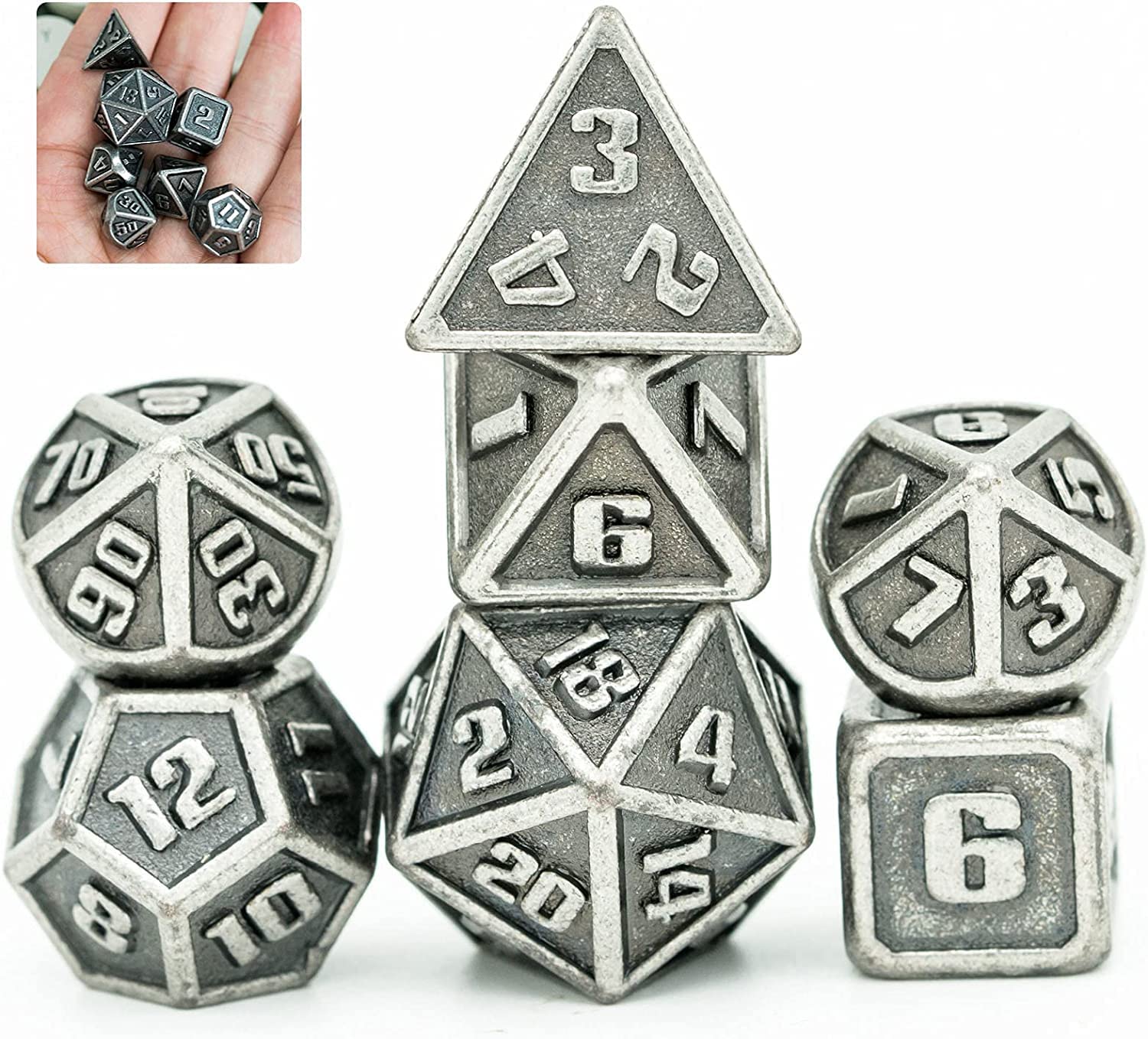 Cusdie Mini Metal Dice 10MM, 7 PCs Metallic DND Dice Set, Mini Polyhedral Dice Set, for Role Playing Game D&D Dice (Nickel) — image 1