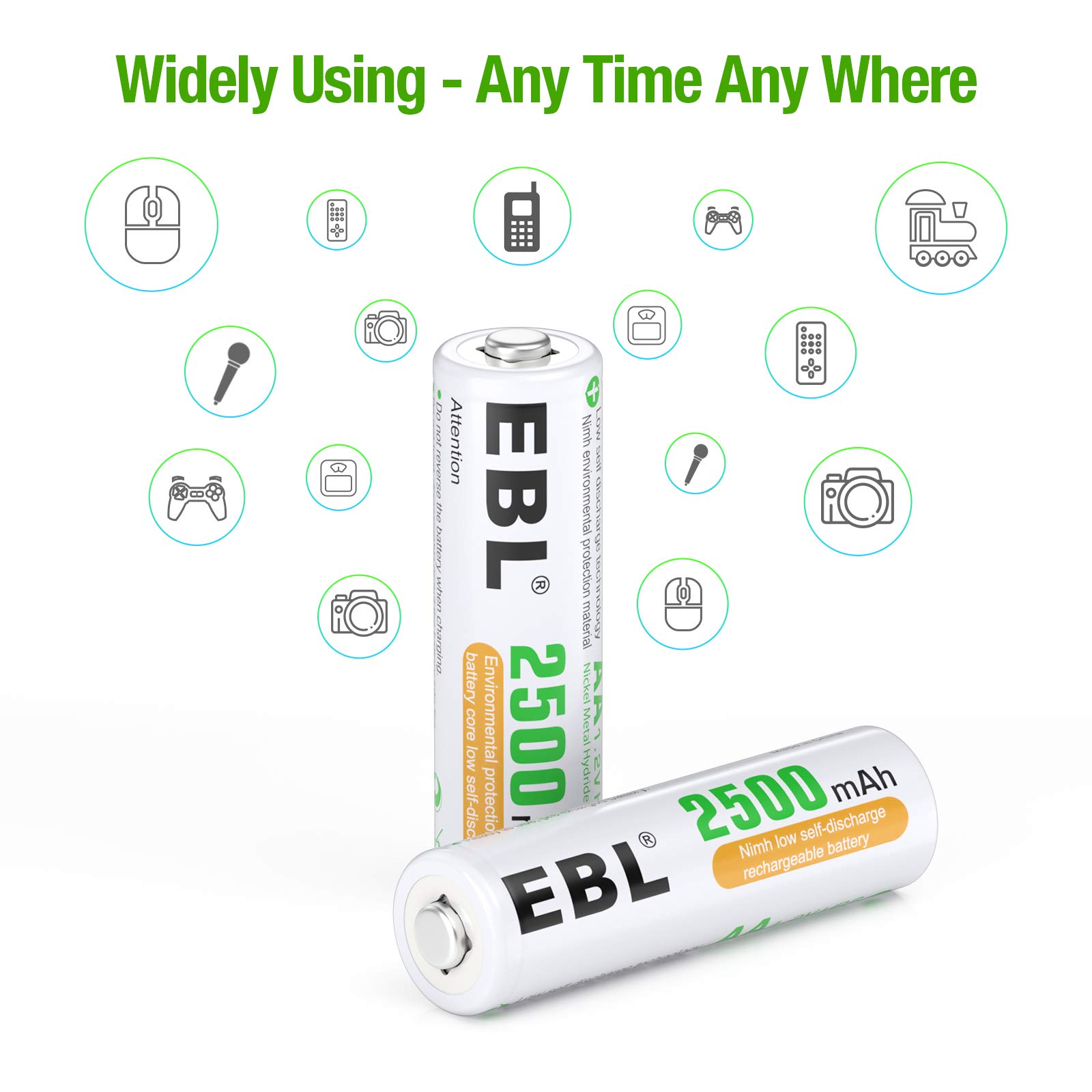 EBL 8 Pack AA Rechargeable Batteries 1.2V 2500mAh High Performance Pre-Charged AA Batteries