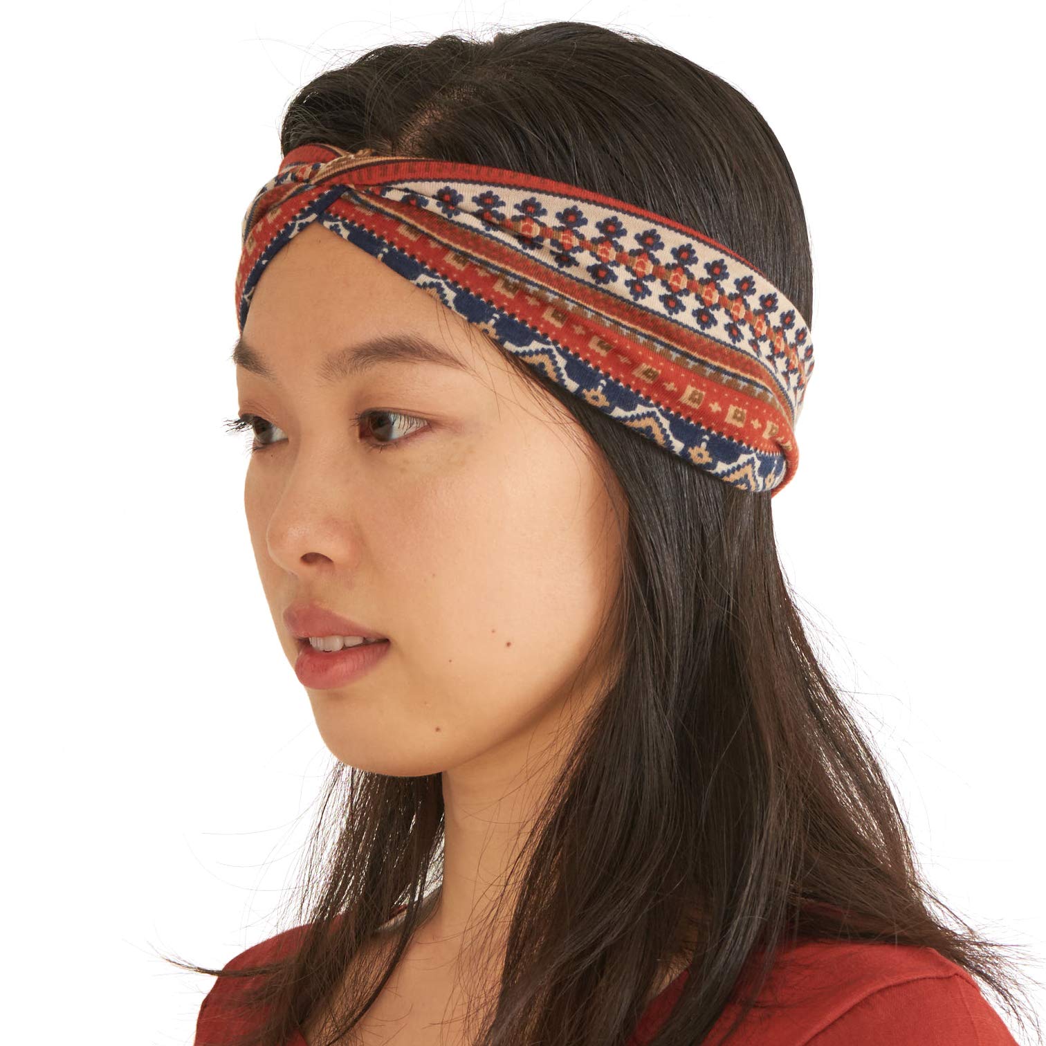 Boho Turban Headbands for Women - Cotton Stretchy Head Wraps Criss Cross Twist Hair Band Bohemian Ottoman Print Hairband Red