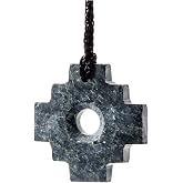 Shamans Market Peruvian Chakana Necklace, Black Cord | Machu Picchu Stone | Hand-Carved Andean Stepped Cross Serpentine Talisman