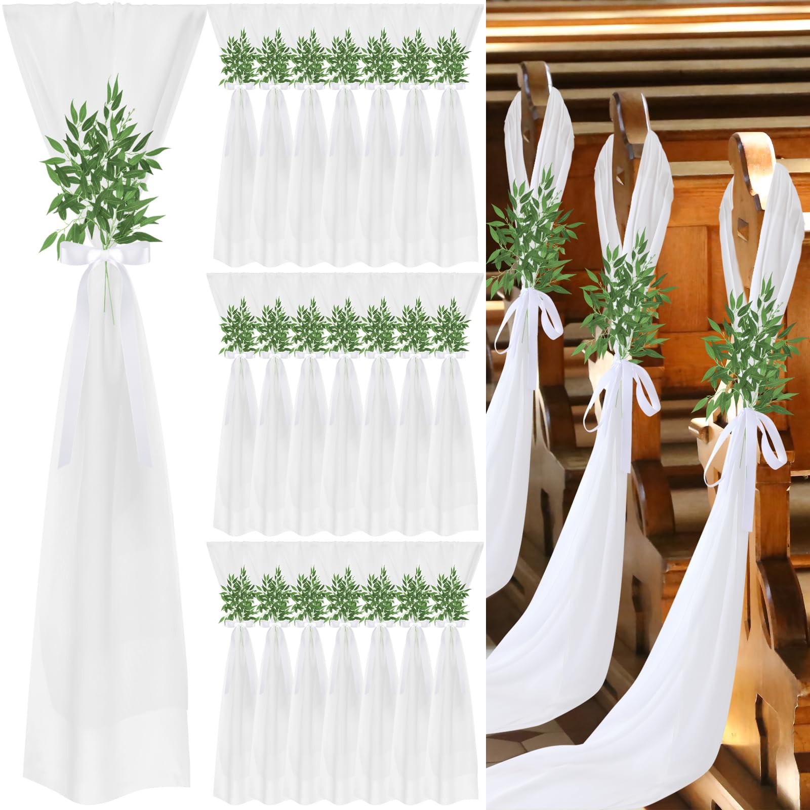 Photo 1 of VitalCozy 12 Sets Wedding Aisle Chair Decorations White Chair Sashes Aisle Pew Ribbons Sash Bow with Artificial Italian Ruscus Chiffon for Ceremony Seat Back Floral Reception Church Party Outdoor