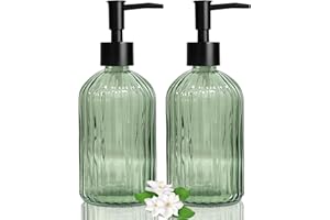 Glass Hand and Dish Soap Dispenser Set of 2 with Plastic Pumps, 13.5oz Green Bathroom Soap Dispenser with Vertical Stripe for