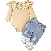 Tikoubabe Baby Girl Clothes Toddler Outfit Infant White Lace Romper Long Sleeve + Jeans Pants Clothing Set