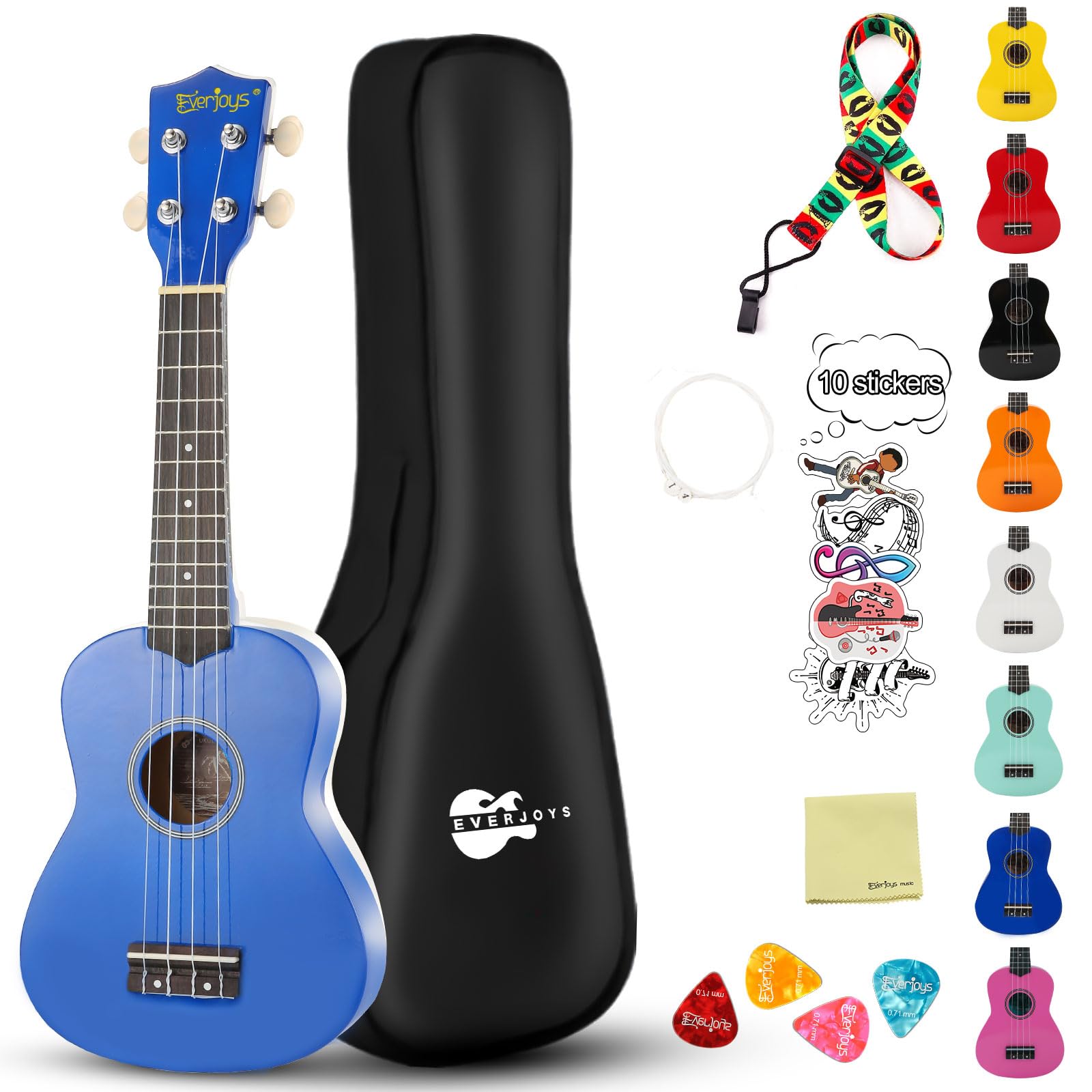 Soprano Ukulele Beginner Kit for Kids Adult Student w/Free Online Lesson 21 Inch Ukelele Gig Bag Strap String Stickers Pick Polishing Cloth, Rainbow Series Ukalalee(Shinny Blue)