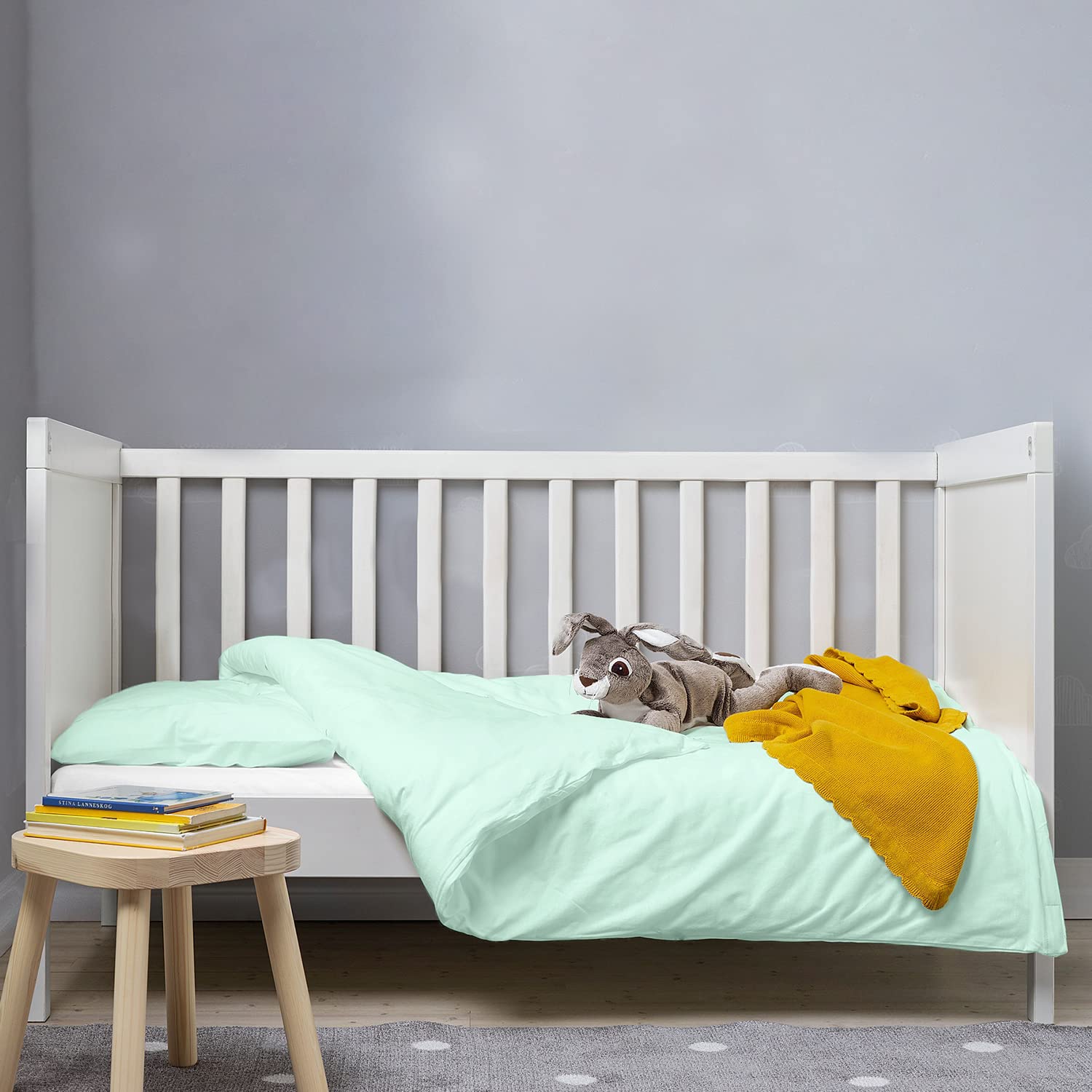 Pizuna 100% Cotton Crib Duvet Cover Mint Green, 400 Thread Count Long Staple Cotton Duvet Cover 100x135 cm, Soft Sateen Weave Toddler Bedding Set Include 1 Duvet Cover And 1 Baby Pillow Case — image 1