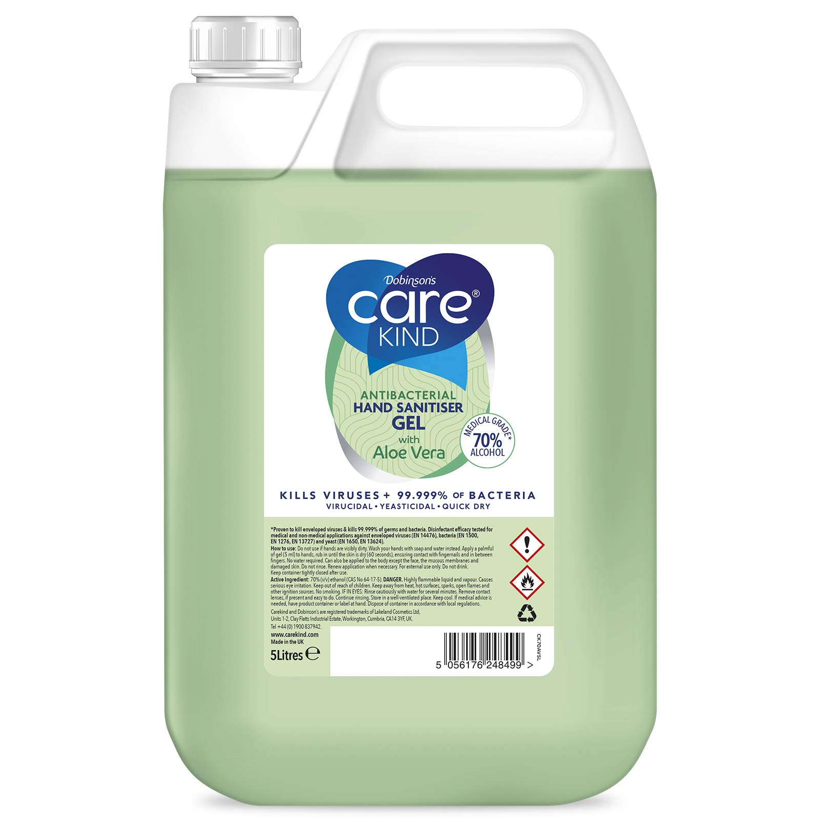 70% Hand Sanitiser Gel 5 Litre - with Aloe Vera Extract - Antibacterial Hand sanitizer gel made with Medical Grade Alcohol, Kills Viruses & 99.999% of bacteria. Bulk 5ltr refill (Aloe Vera)