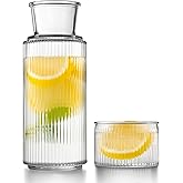 DmmyAlzx Bedside Water Carafe and Glass Set, Classic Vertical-Striped 27oz Glass Carafe with 7.1oz Tumbler Lid, Nightstand Water Pitcher, Bathroom Mouthwash Dispenser, Elegant Gift for Home & Office