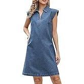 Allegra K Denim Dress for Women V Neck Cap Sleeve Loose Above The Knee Casual Tunic Jean Dress