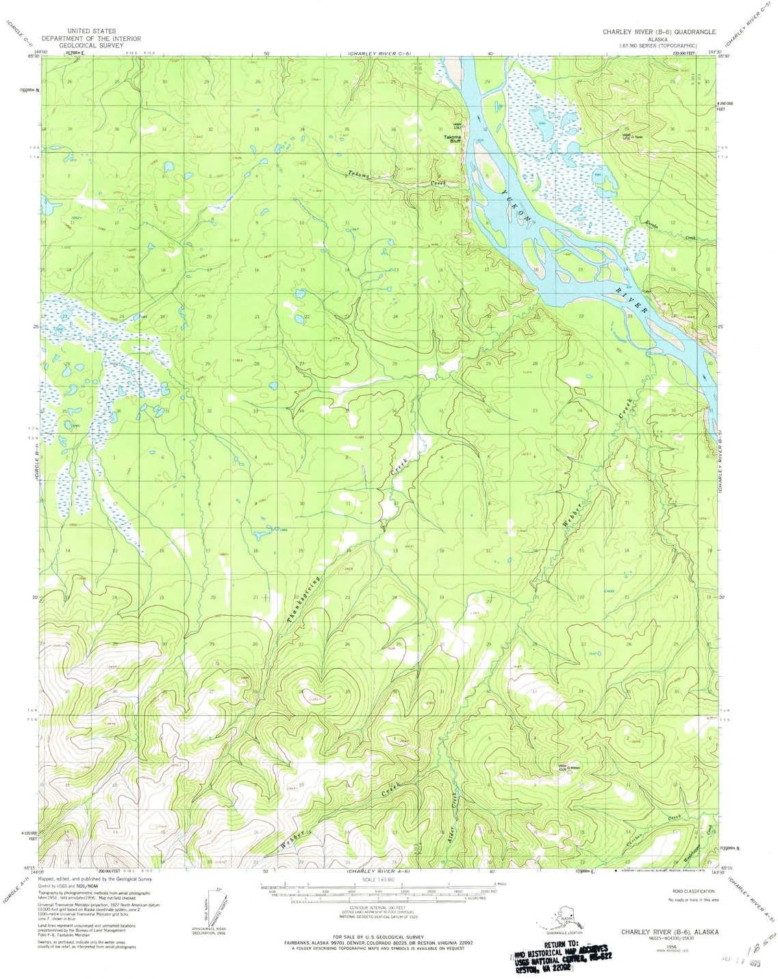 YellowMaps Charley River B 6 AK topo map, 1:63360 Scale, 15 X 15 Minute, Historical, 1956, Updated 1975, 21.9 x 18 in