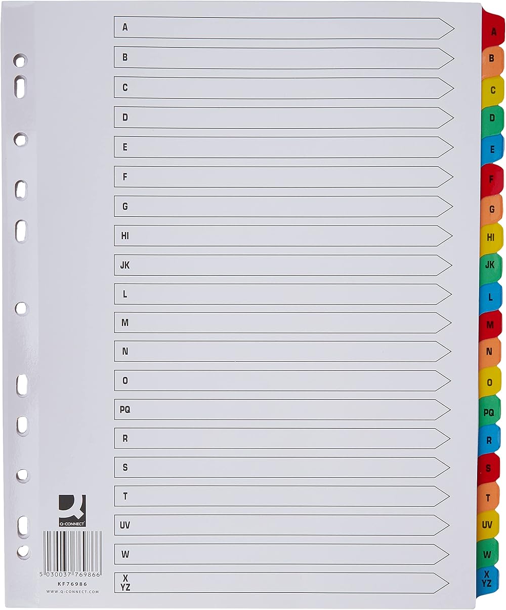 Q-Connect 20 Part A-Z Index Extra Wide Reinforced Multi-Colour Tabs