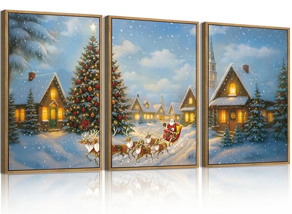 BINCUE CHRISTMAS WALL ART FRAMED SANTA CLAUS WALL ART DECOR SANTA WINTER WALL PAINTING FOR LIVING ROOM BEDROOM DINING ROOM 16X24 INCHES SET OF 3