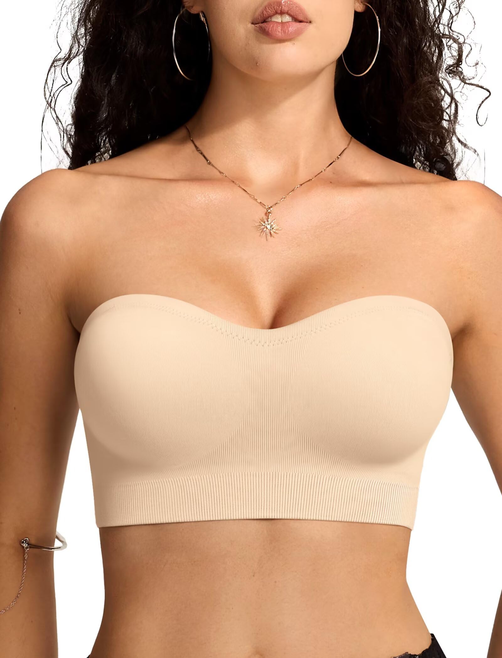 Photo 1 of Vertvie Strapless Bras for Women Non-Slip Push Up Wireless Bandeau Bra Seamless Comfort Tube Top Supportive Padded Bralette(Medium,Beige)