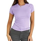 Abardsion 2025 Women Casual Activewear T Shirts Basic Crewneck Raglan Short Sleeve Slim Tight Fit Going Out Tops