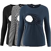 Liu & Qu Women's Nursing Tops Ribbed Long Sleeves Maternity Shirts Double Layer Breastfeeding Shirts Pregnancy Clothes 3 Pack