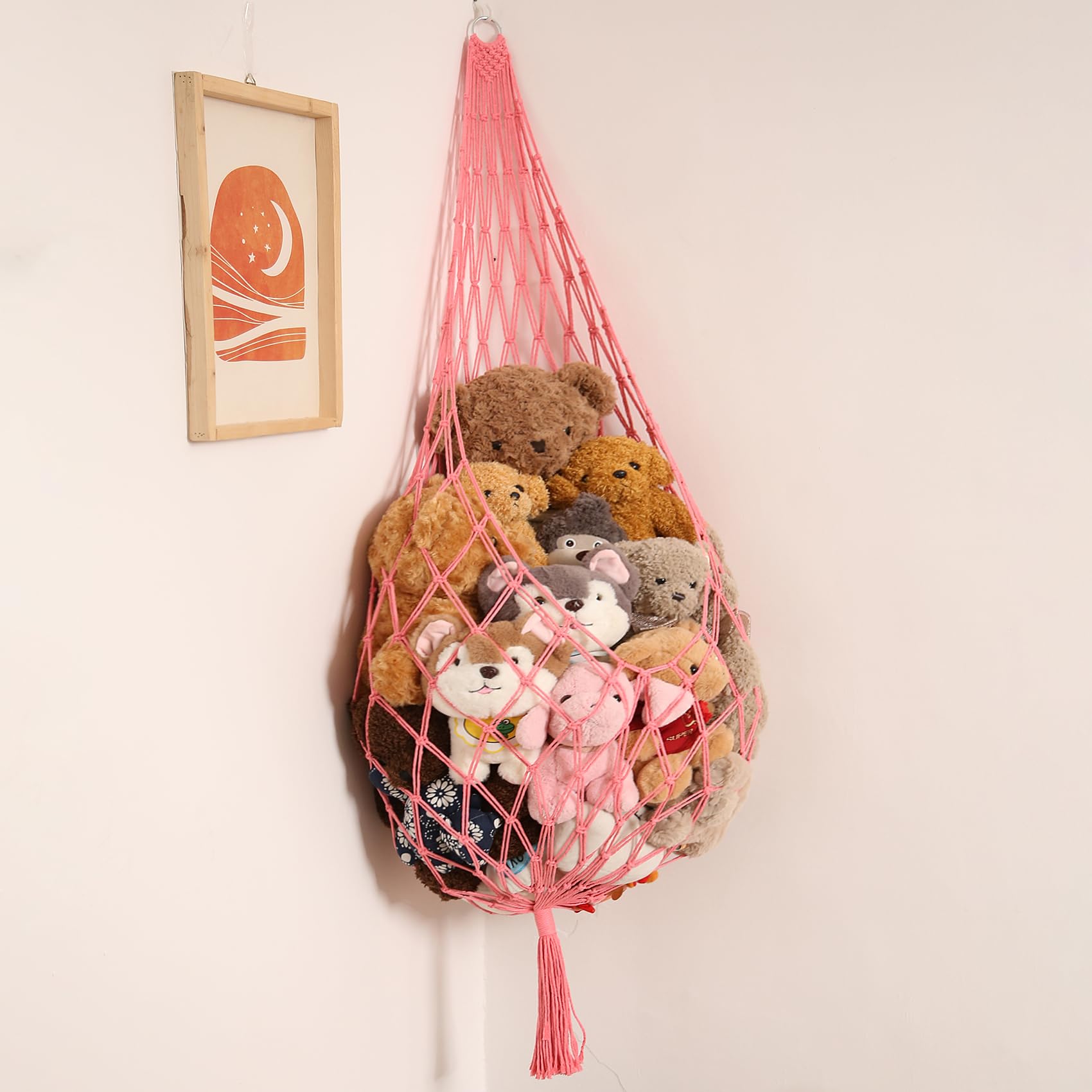 Photo 1 of Amdermi Stuffed Animal Net or Hammock Corner Hanging Net for Stuffy Animal Storage Macrame Toy Display Plush Toy Holder Wall Pet Net for Nursery Kid Bedroom Decor Playroom Organizer (Pink XL)