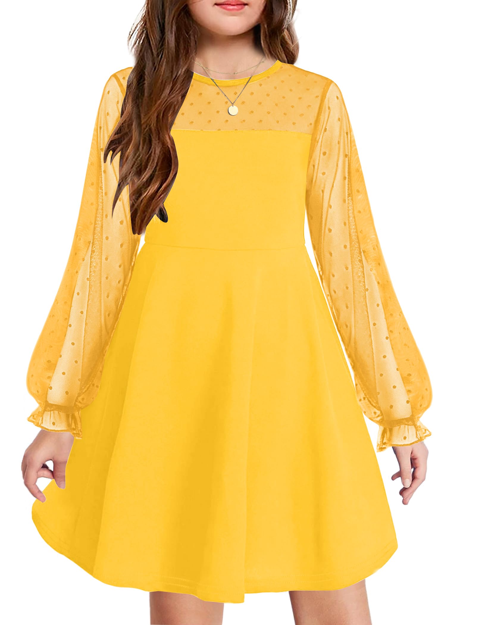 Arshiner Girl's Contrast Mesh Puff Long Sleeve High Waist Yellow Summer Spring Dress with Pockets for 8-9 Years Image