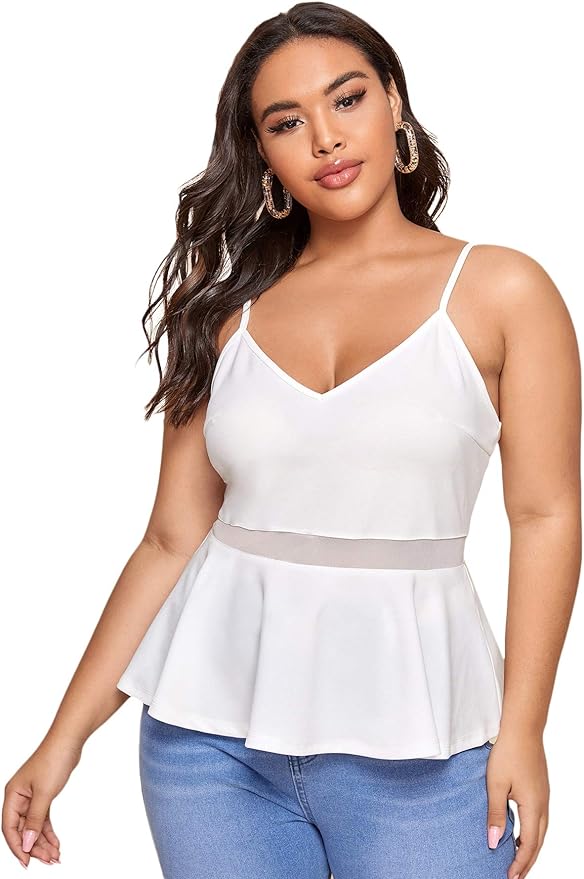 Romwe Women's Plus Size Spaghetti Strap Mesh Insert V Neck Ruffle