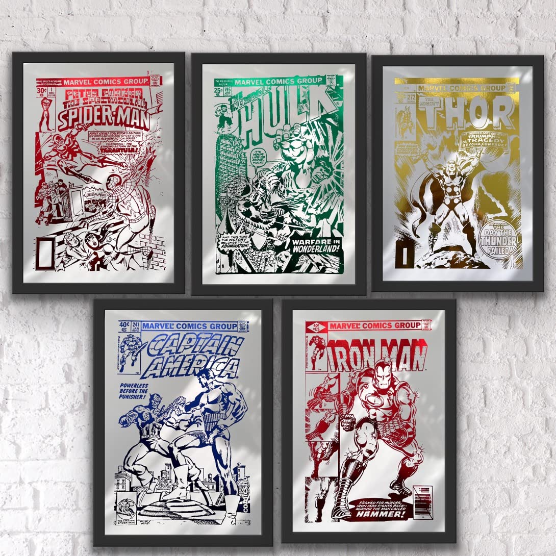 Set of 5 Comic Cover Prints, Marvel Gift, Spiderman, Hulk, Comic Book Print, Gifts For Him, Wall Hangings, Gifts For Kids (A4 Unframed)