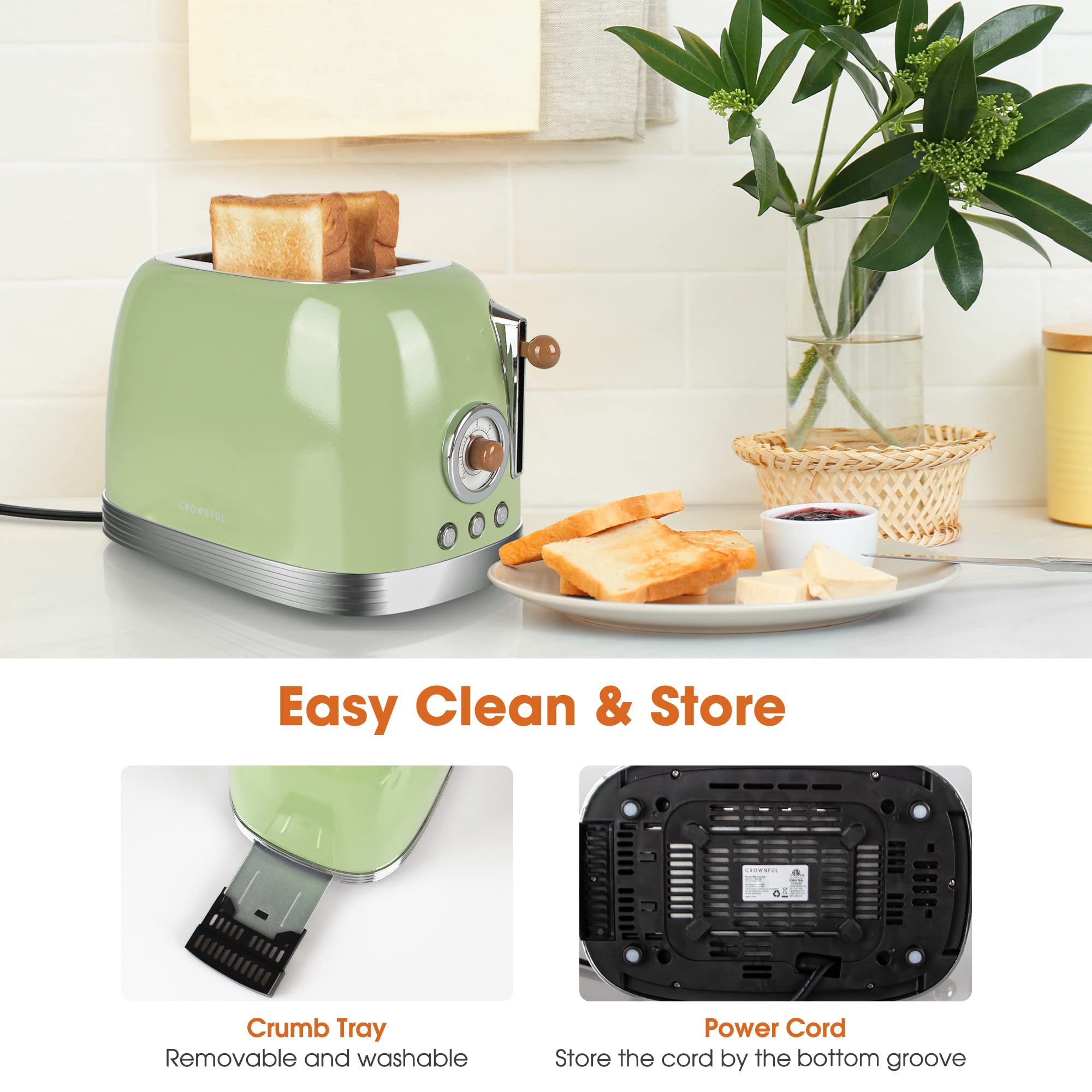 CROWNFUL 2-Slice Toaster, Extra Wide Slots Toaster, Retro Stainless Steel with Bagel, Cancel, Defrost, Reheat Function and 6-Shade Settings, Removal Crumb Tray, Green