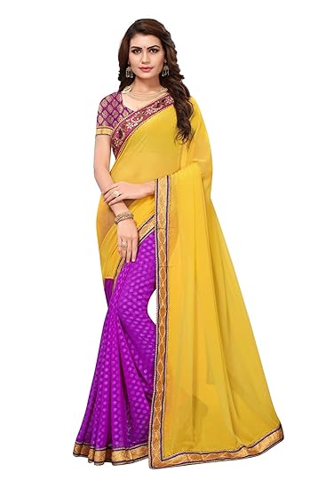 Winza Designer Womens Georgette Saree with Blouse (KANCHAN YELLOW_Mustard_pink)