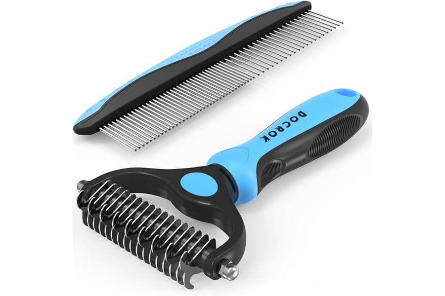 Docrok Pet Grooming Combo - Blue Deshedding Brush with Metal Comb for Detangling and Dematting Long, Matted Fur on Cats and Dogs