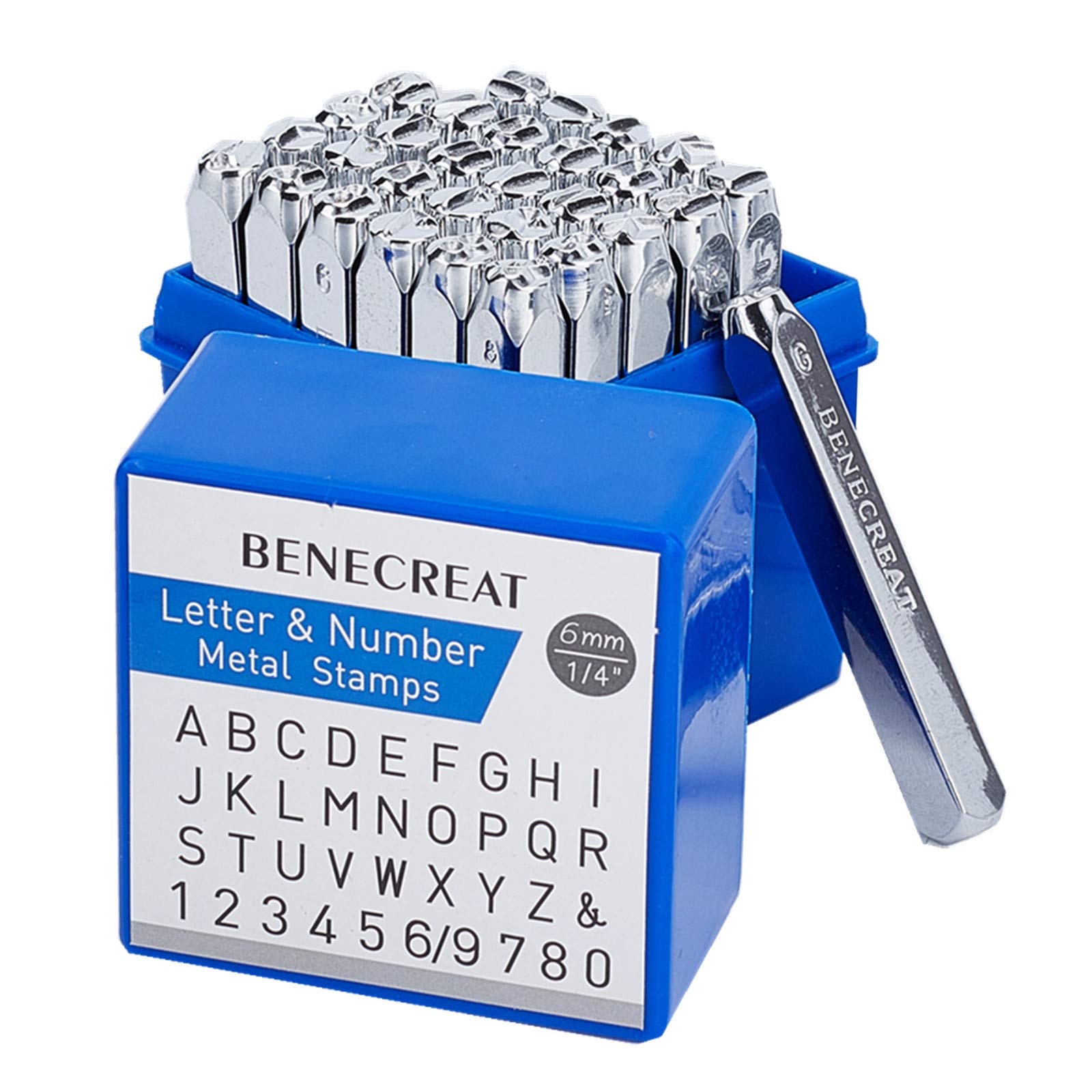 BENECREAT 36PCS 1/4" 6mm Letter and Number Metal Stamp Set Electroplated Carbon Steel Punch Stamp with A-Z, 0-8, Ampersand for Imprinting Marking on Metal Wood