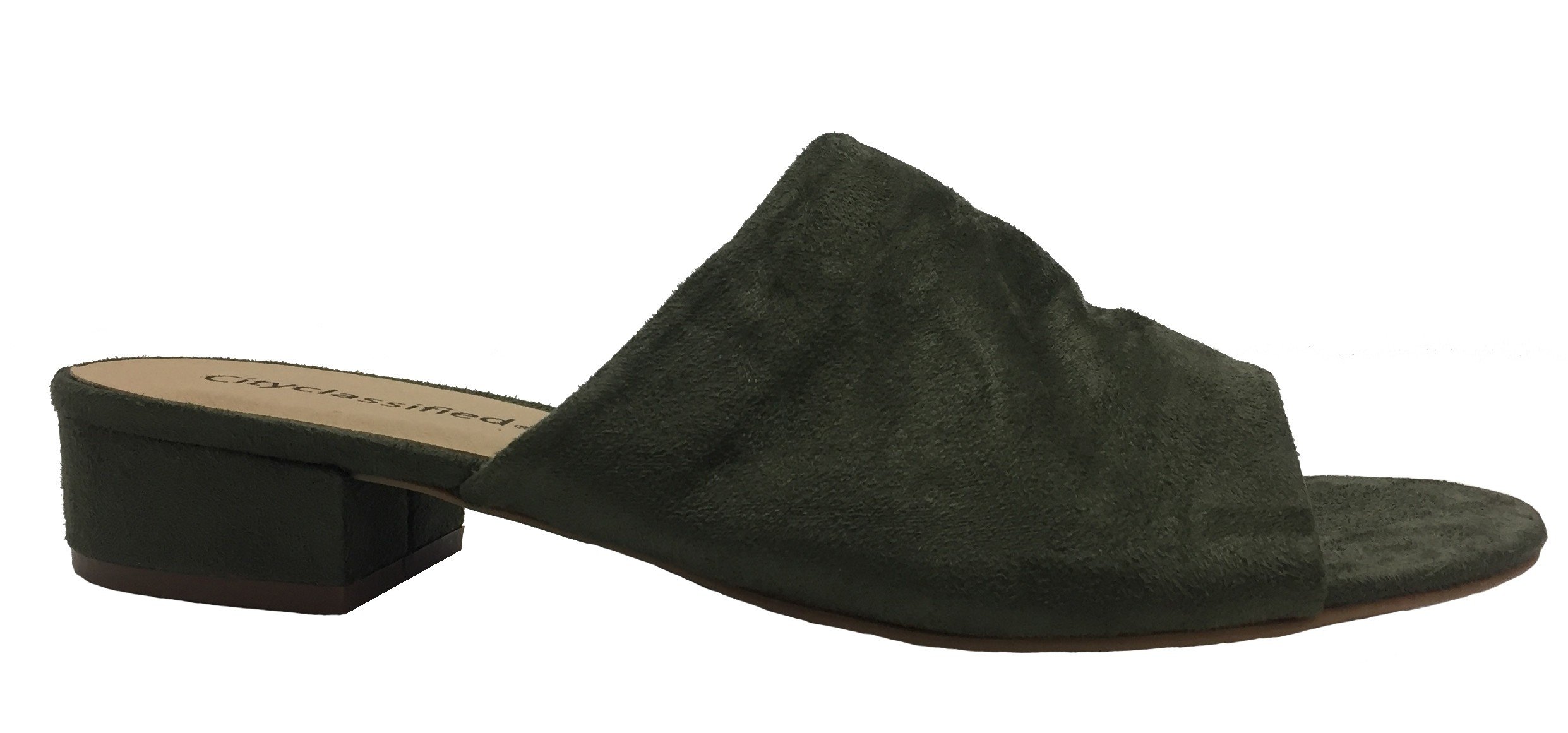 City Classified KENCH Open Toe Chunky Low Heel Suede Slide Sandals Mules, Khaki - Image 3