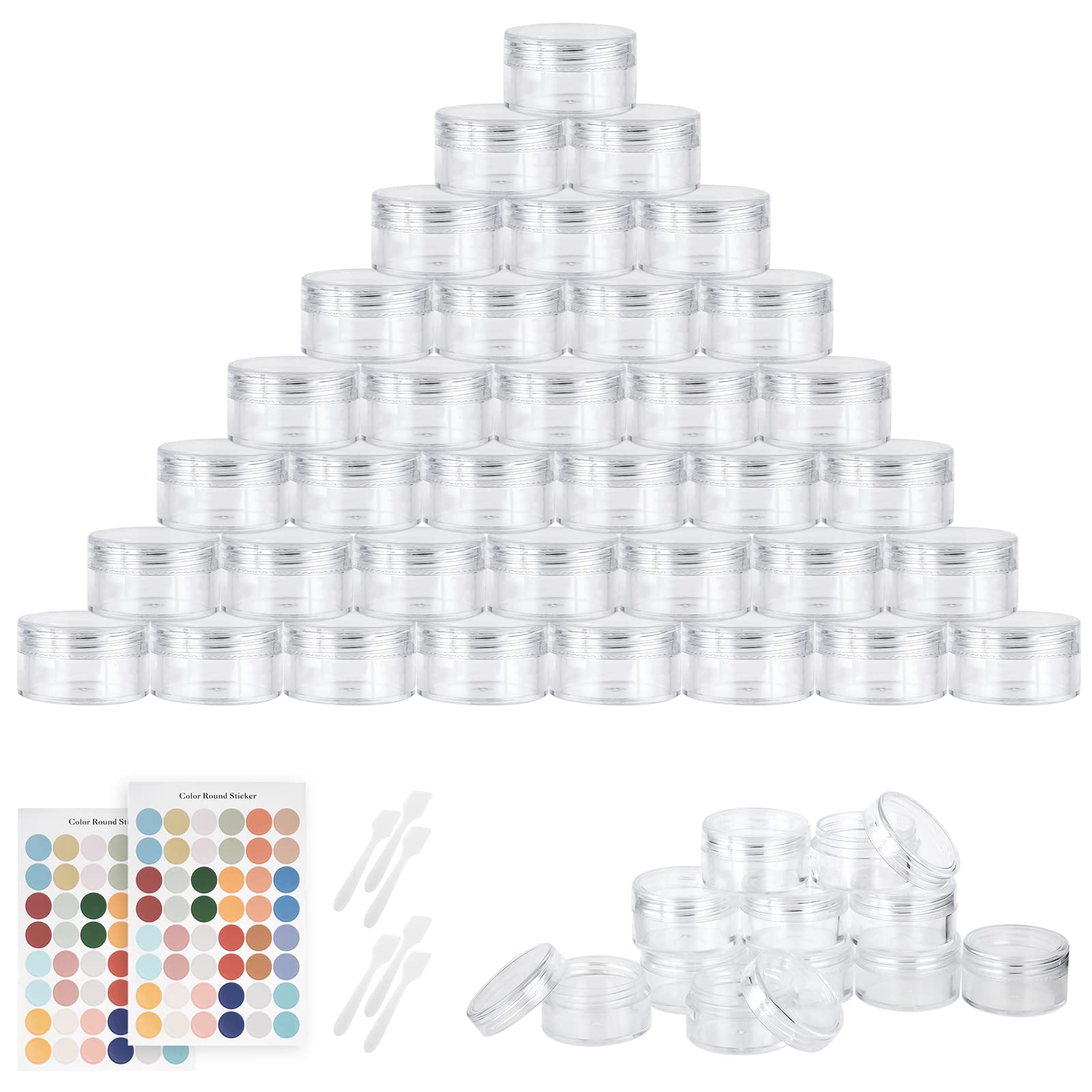 Flintronic Plastic Cosmetic Jar 64 * 5ml, Transparent & Visible Sample Container Jar, Screw Cap Bottle with Sticker & Small Spoon, Suitable for Cosmetic/cream/gel/paste/beads(Transparent) — image 1