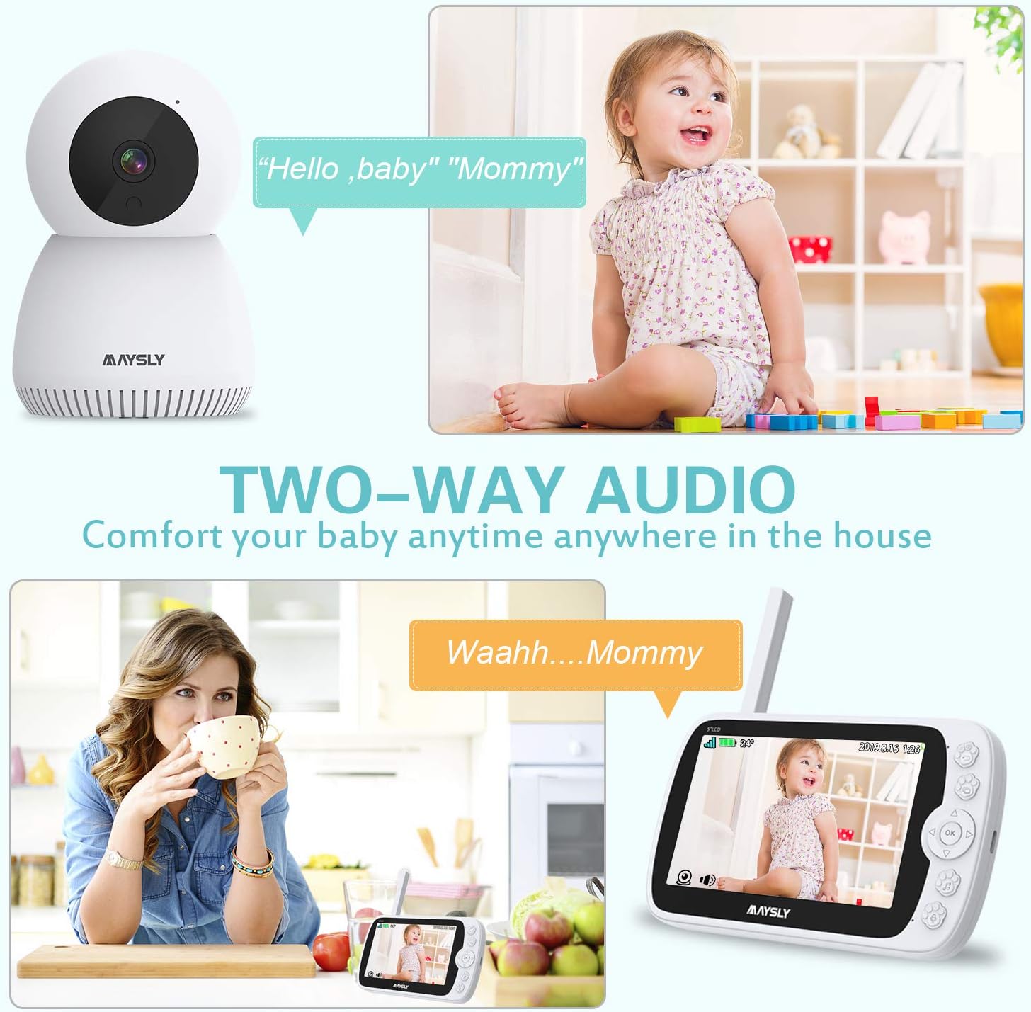 Video Baby Monitor with Camera and Audio , Maysly 1080P 5" LCD Screen with Night Vision Two Way Audio Temperature Detection VOX Mode 1000ft Range Support Video Storage and Playback: Home Improvement