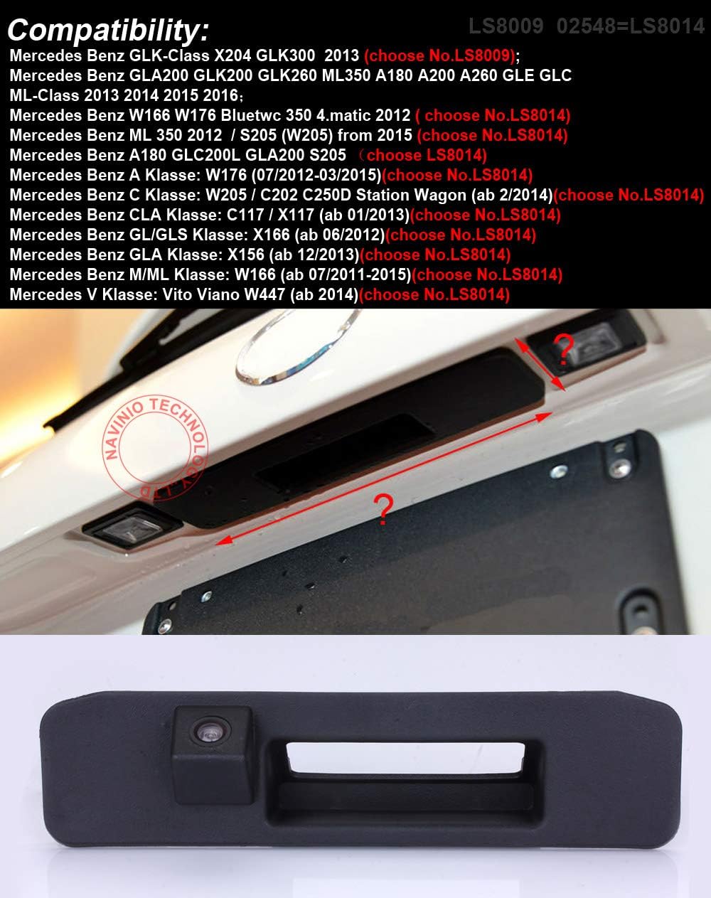 Reversing Camera Integrated in Trunk Handle Rear View Backup Camera Replacement for Mercedes GLK-Class X204 GLK300 GLA200 GLK200 GLK260 ML350 A180 A200 A260 W166 W176 X166 (No.LS8014 Size=214 * 52mm) - Image 3