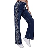 Muundim Rhinestone Drawstring Jeans for Women, Wide Leg High Waisted Baggy Jeans Denim Pants
