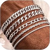 Fansilver 5 Pcs Stainless Steel Mens Bracelet Gold Silver Cuban Link Rope Figaro Cuban Chain Bracelets for Men Women 7.48/8.07/8.26 inches