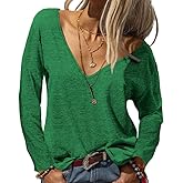 Danedvi Womens Tops Deep V Neck Long Sleeve Shirts Oversized Solid Color Casual Loose Top