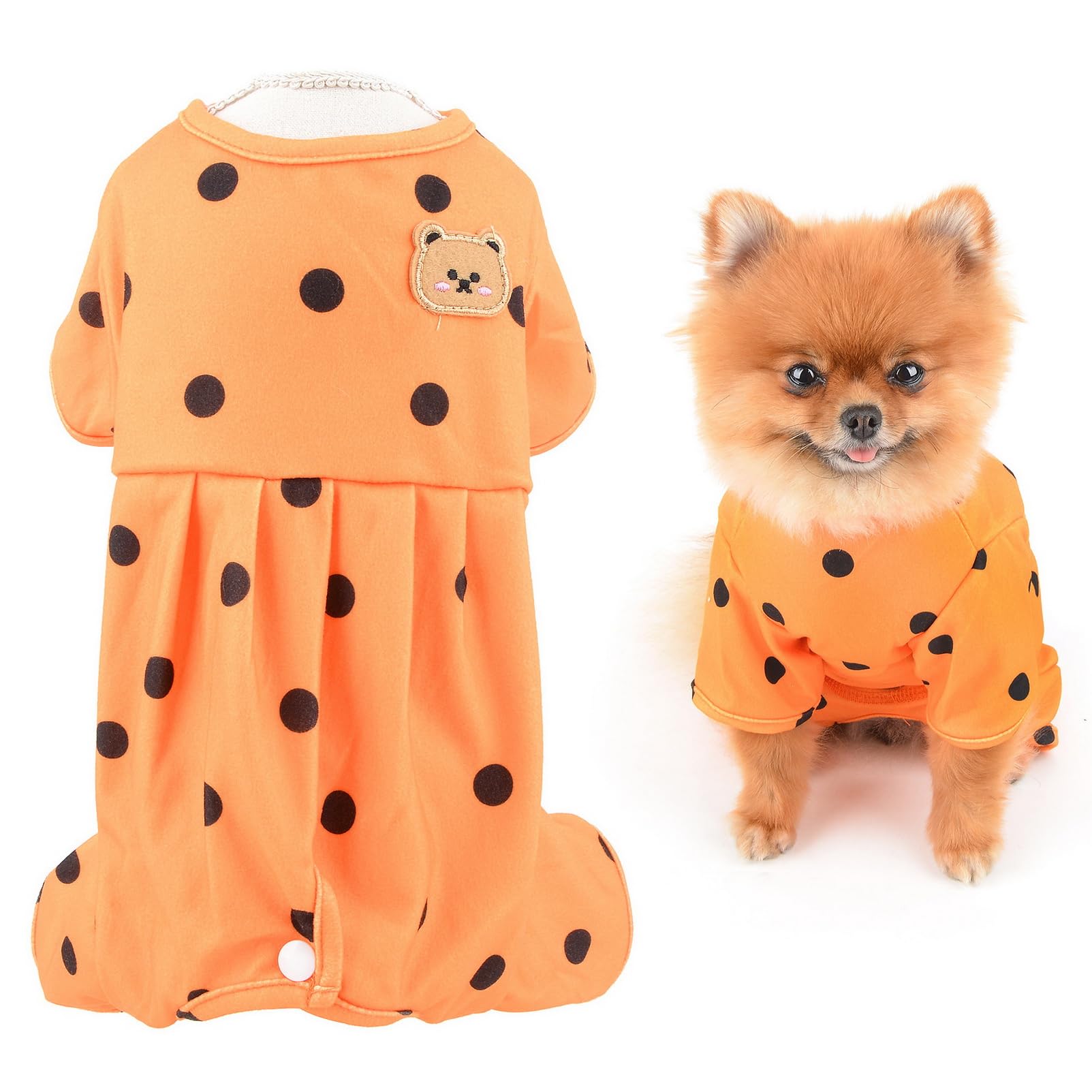 SMALLLEE_LUCKY_STORE Small Dog Clothes Cute Retro Dots Puppy Pajamas Pjs Belly Cover Cat Pyjamas Stretchy Jumpsuit Warm Sleepwear Outfits for Yorkie Chihuahua,Orange,L