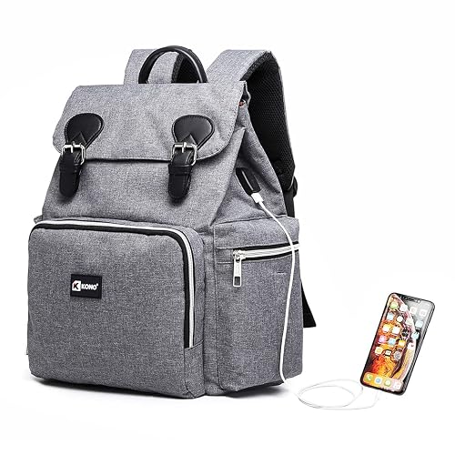Kono Baby Diaper Changing Backpack Fashion Mummy Backpack Waterproof Diaper Bag for Carrying Baby Items with USB Charging Interface (Dark Grey)