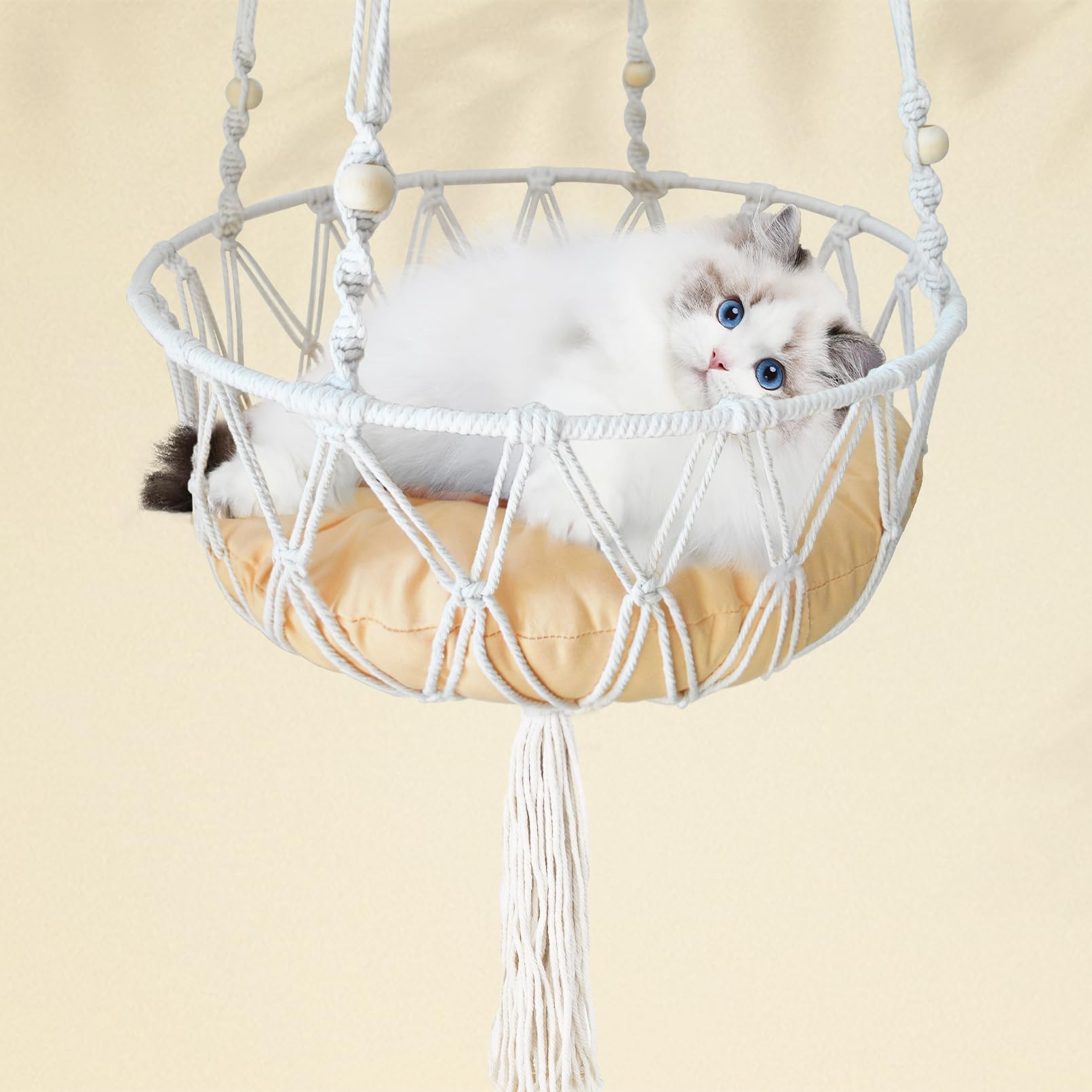 Photo 1 of ***MISSING PILLOW****MUYG Macrame Cat Hammock Bed,Handwoven Hanging Boho Cat Bed with Hanging Kit for Indoor Outdoor Home Decor Ceiling Catio Swing for Playing Sleeping Climbing and Lounging(15.74x15.74x47.24IN)(L)