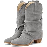 Alsoloveu Women's Fold Over Boots Mid Calf Slouchy Boots Pointed Toe Chunky Heel Western Cowboy Boot Pull On Stacked Cowgirl Booties