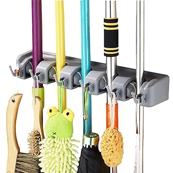 Asuvi Mop and Broom Holder with 5 Slot Position and 6 Hooks Upto 11 Tools(Size - 34 X 24 X 6 cm)