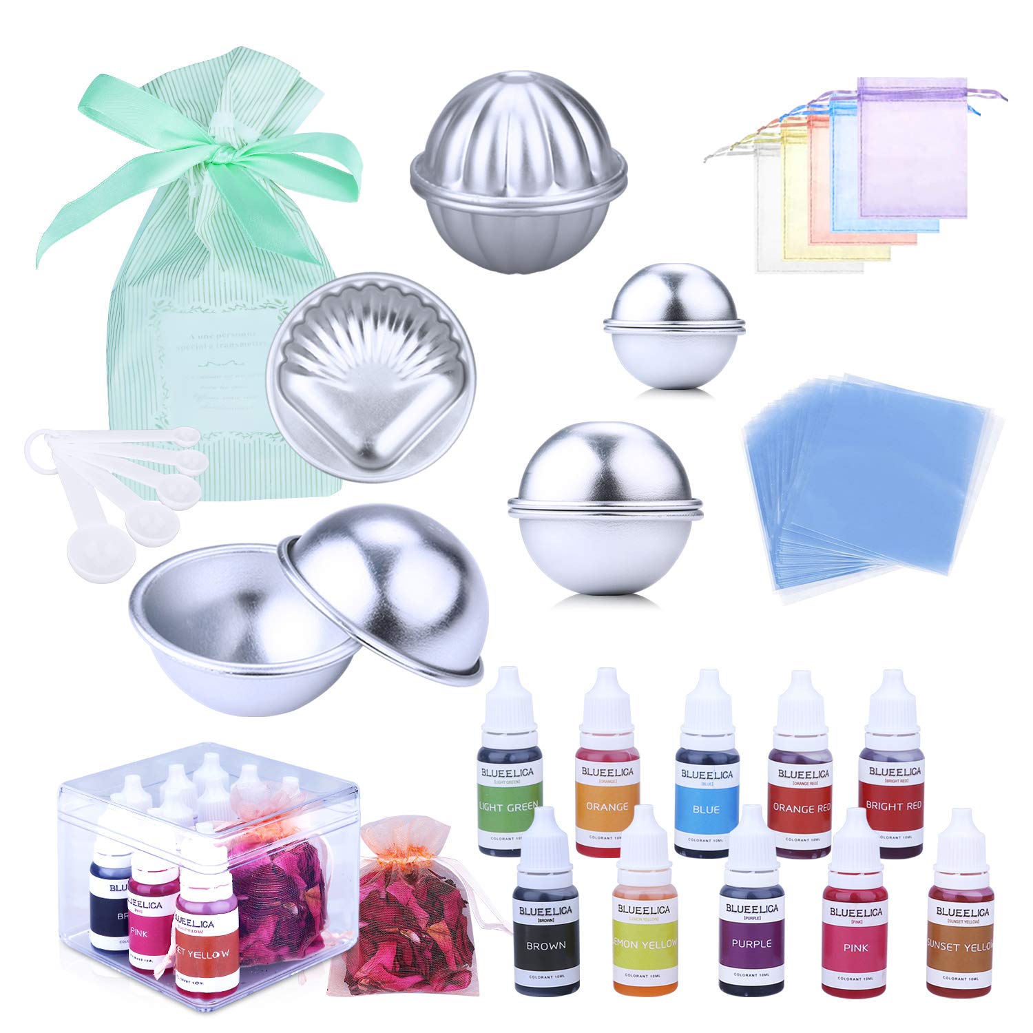 Bath Bomb Making Supplies Kit with 10 Colors Liquid Soap Dye,10 PCS 5 Set Metal Bath Bomb Molds,50PCS Shrink Wrap Bags,Spoons for DIY Handmade Soaps and Crafting Your Own Fizzies