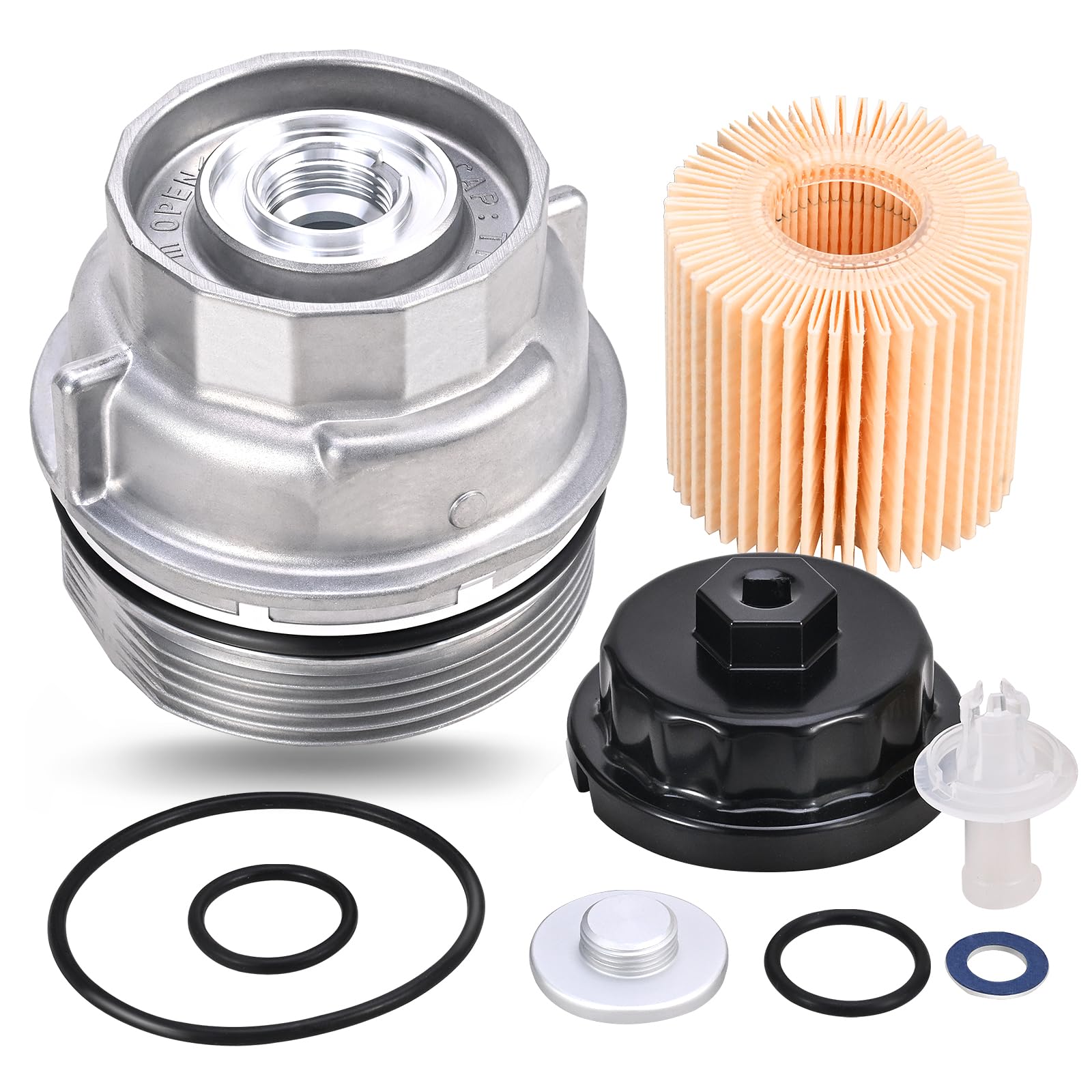 Photo 1 of 15620-31060 Oil Filter Housing Cap Assembly Kit for Toyota Rav4 Tundra 4Runner Camry Highlander Tacoma Lexus RX350 Aluminum Oil Filter with Wrench Drain Plug Replace 1562031060 15643-31050 04152-YZZA1