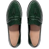 Dystralix Women Low Chunky Heel Loafer Shoes Tassel Round Toe Slip On Dress Loafers Fringe 1" Block Low Heel Dress Loafers Patent Suede Penny Loafers Comfy Office Shoes Green 9.5 M US