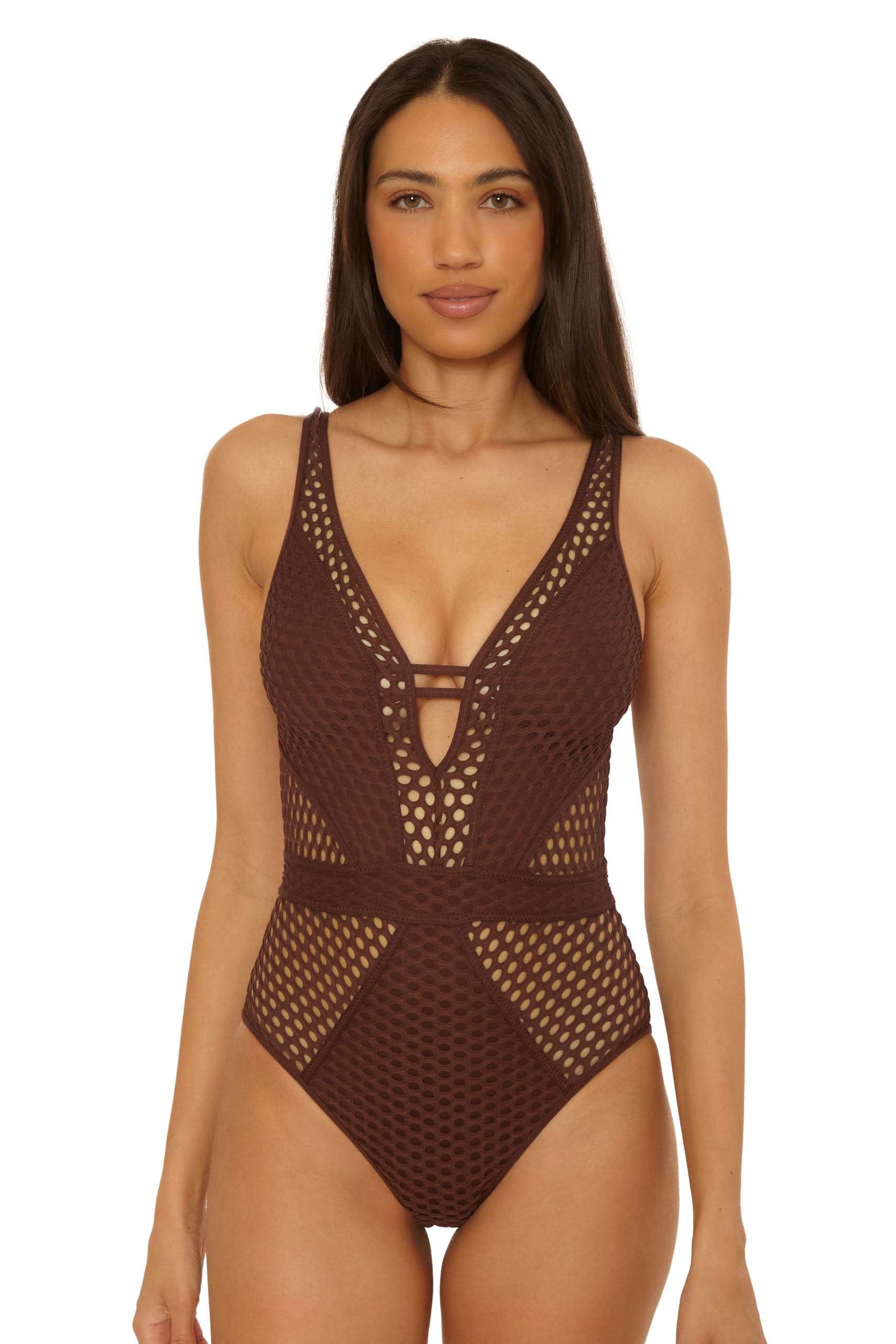 Becca Color Play – Women’s One Piece Swimsuit, Plunge Neck, Crochet, Bathing Suits for Women, Mocha, Small