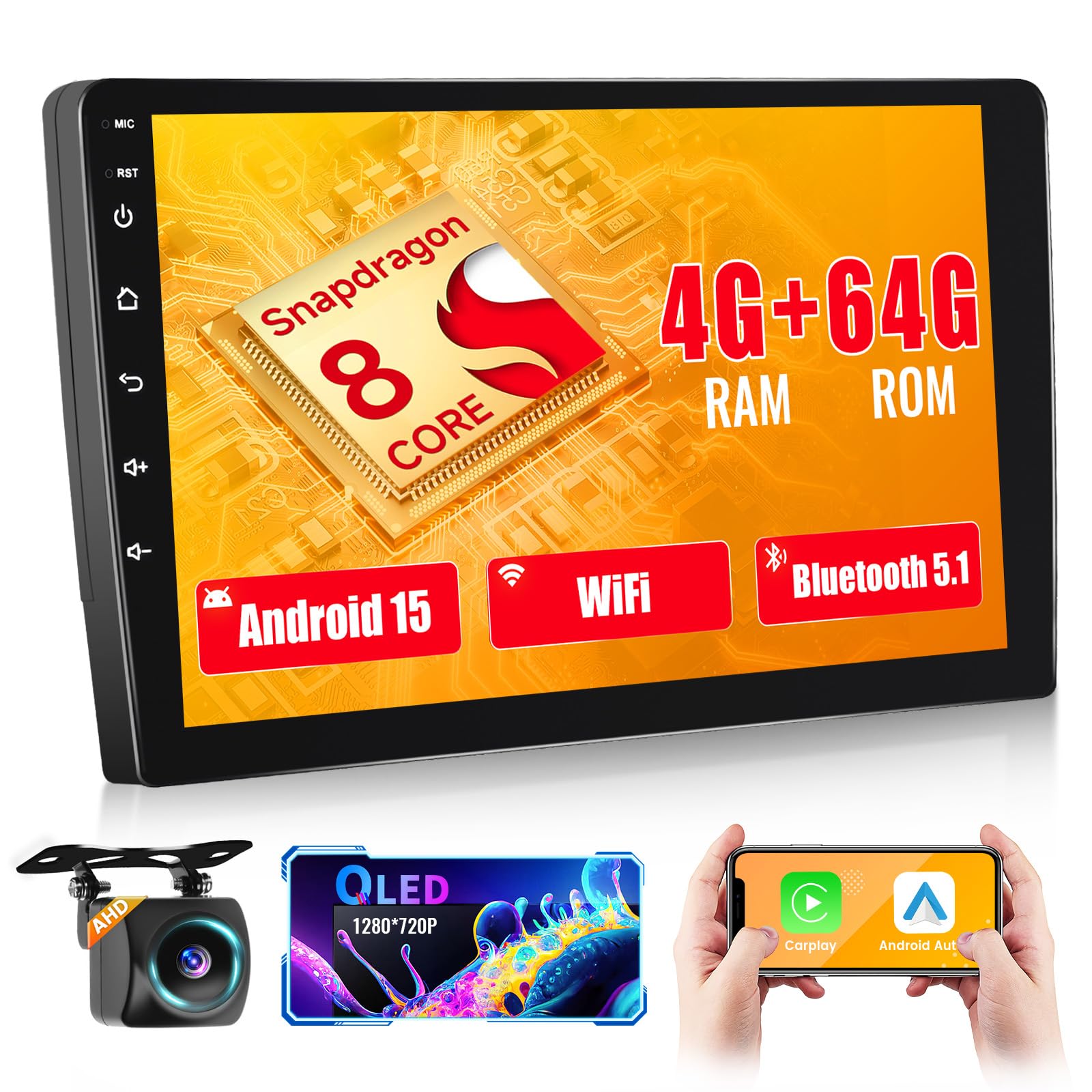Photo 1 of [Qualcomm] Hikity 8 Core 4+64GB Android 15 Double Din Car Stereo Wireless Carplay Android Auto, 9 Inch Touchscreen Car Radio with GPS Bluetooth WiFi Backup Cam DSP/FM/RDS SWC Mic