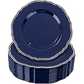 Hioasis 60pcs Blue Plastic Plates - Blue and Silver Disposable Dinnerware with Gold Rim, Heavy-duty, 7.5 inch, Dessert Plates for Party & Christmas