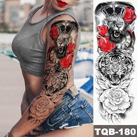 Amazon Com Large Arm Sleeve Tattoo Lion Tiger Rose King Waterproof Temporary Tatto Sticker Wolf Crown Body Art Full Fake Tatoo Women Men Beauty