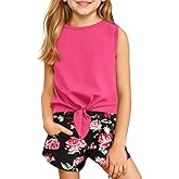 Haloumoning Girl's 2 Piece Outfits Kids Tie Knot Tank Top and Paperbag Waist Pocketed Summer Short Sets 5-14 Years
