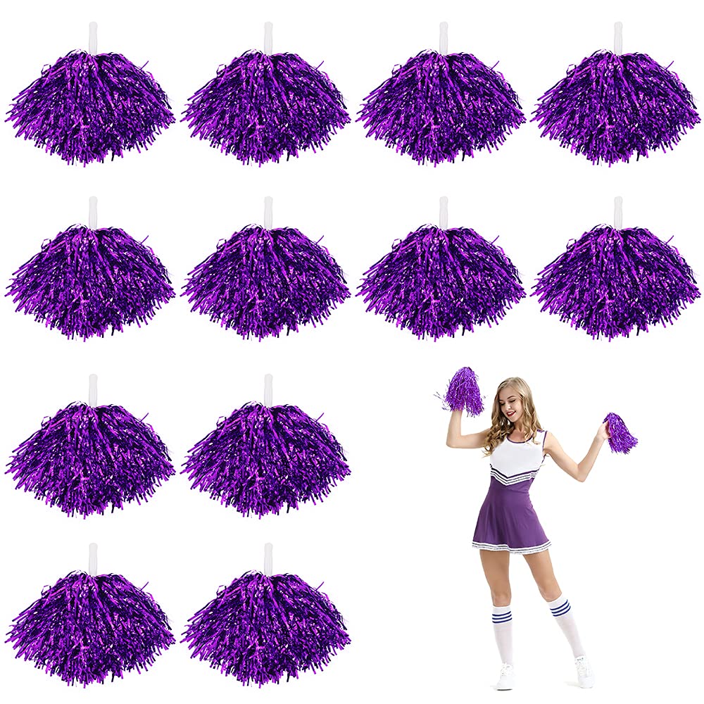 LZYMSZ 12 PCS Cheerleading Pom Poms, Metallic Cheerleading Pom Poms for Kids School Sports Games Team Spirit Cheering, Purple
