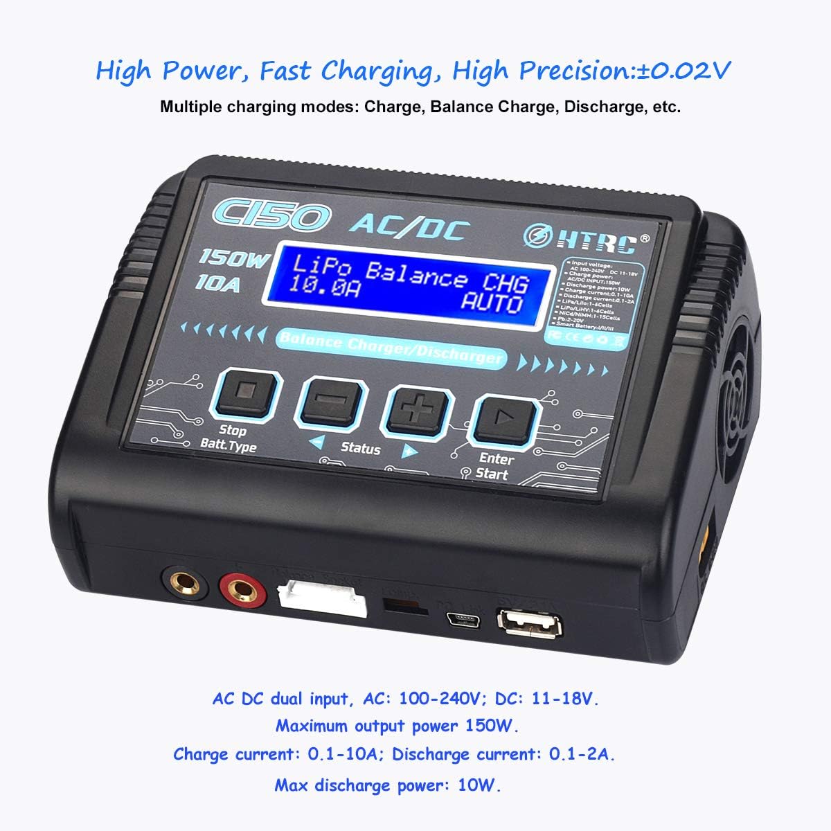 HTRC LiPo Charger RC Battery Balance Discharger 150W 10A 1-6S AC/DC C150 for NiCd Li-ion Life NiMH LiHV PB Smart Battery (Black): Toys & Games